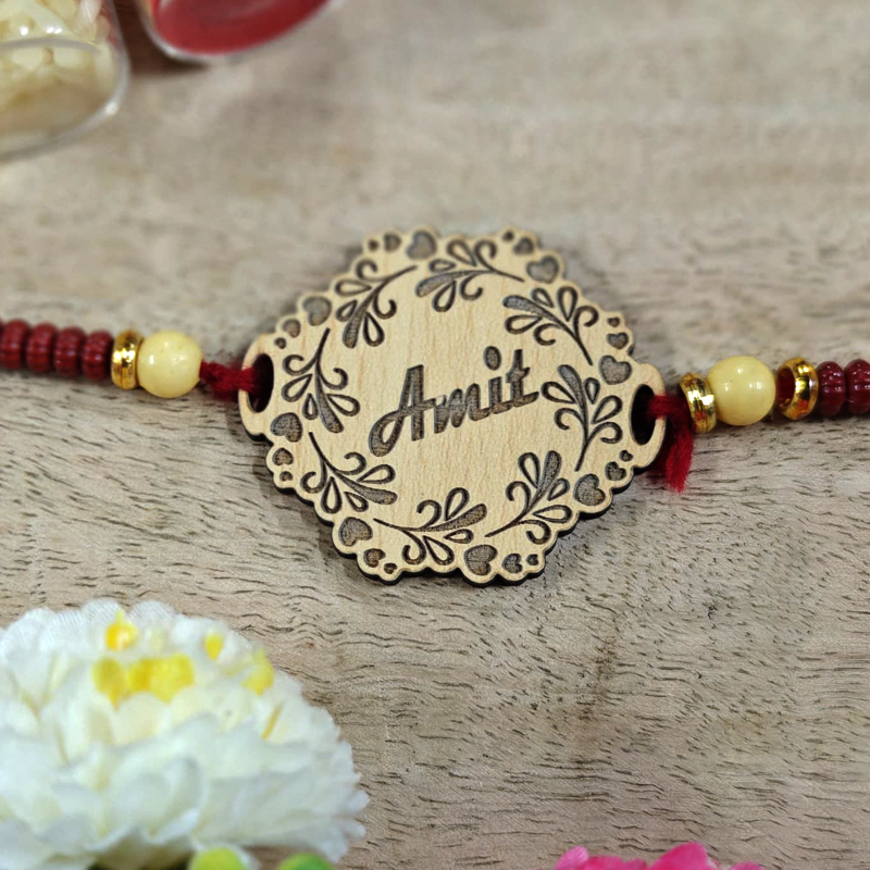 Name Wooden Round Engraved Rakhi