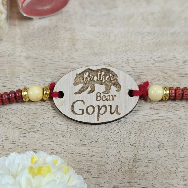Bear Engraved Wooden Rakhi