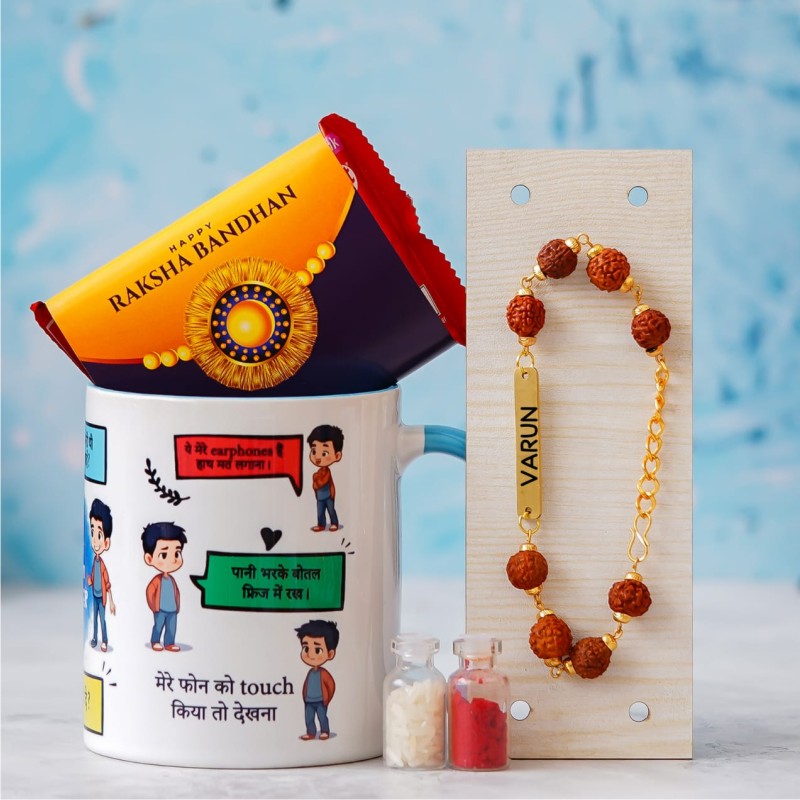 Custom Quote Blue Heart Handle Mug with Rudraksh Rakhi and Chocolate Combo