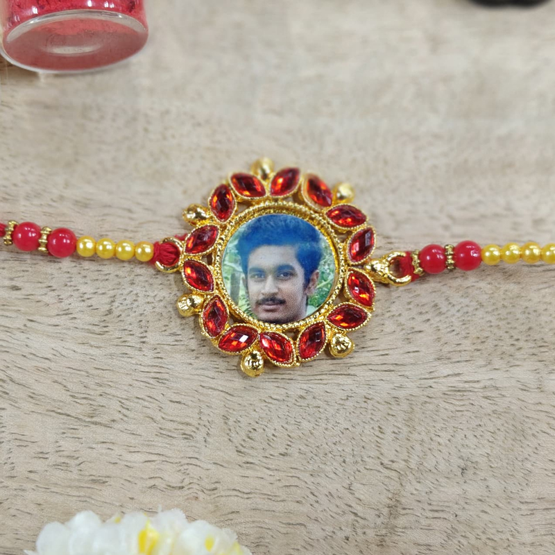 Personalized Metal Photo Rakhi with Red Diamonds