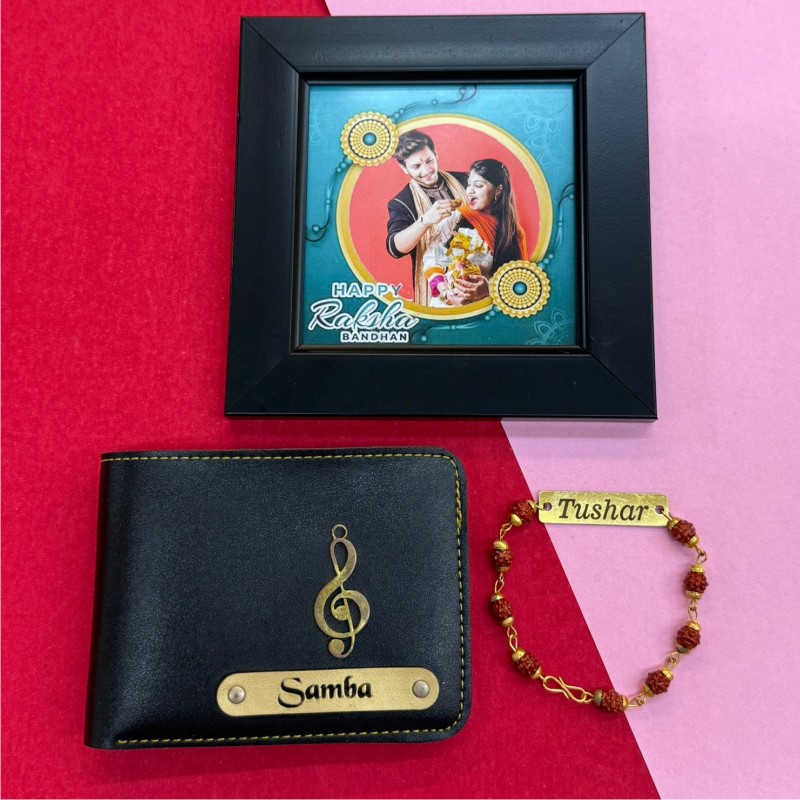 Personalized Wallet with Mini Frame and Rakhi Combo
