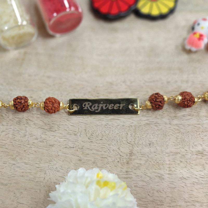 Personalized Name Rudraksh Rakhi with Metal Piece