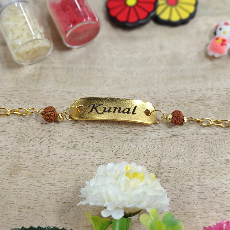 Personalized Metal Name Bracelet Rakhi with Rudraksh