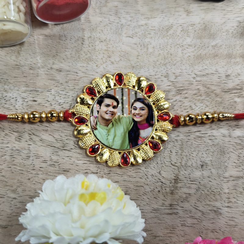 Metal Photo Rakhi with Red Yellow Diamonds