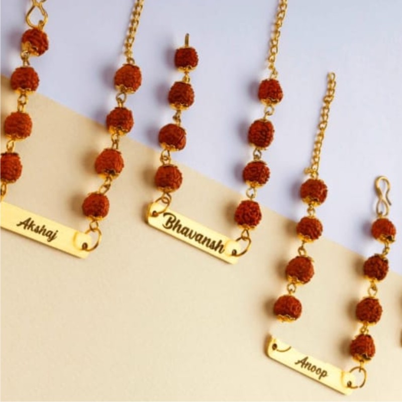 Personalized Name Metal Rudraksh Rakhi with Name