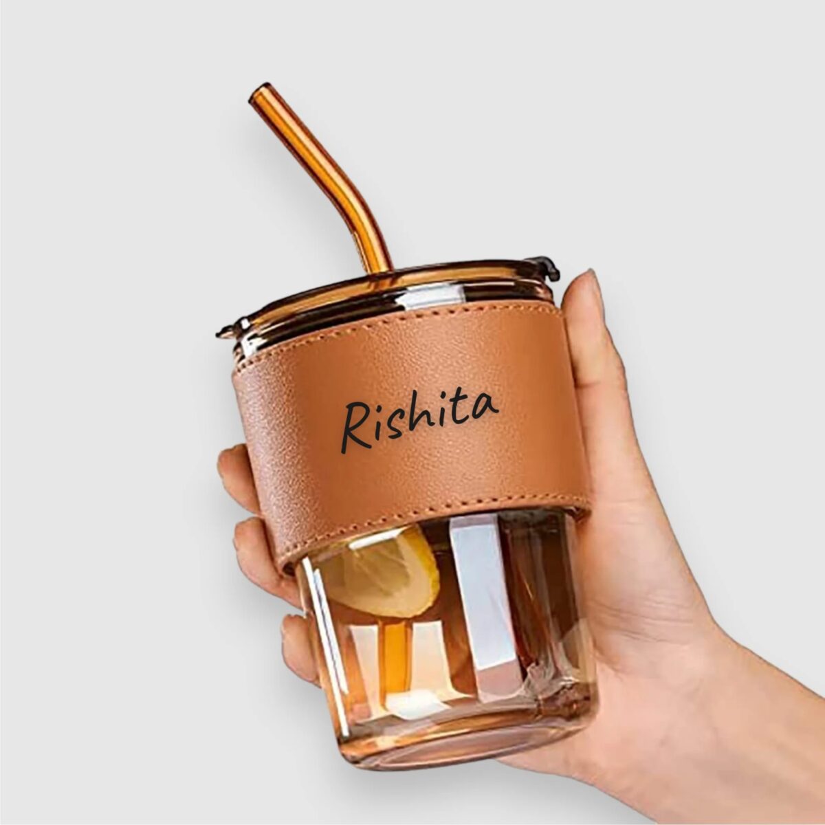 Personalized Glass Mug with Leather Tag and Straw